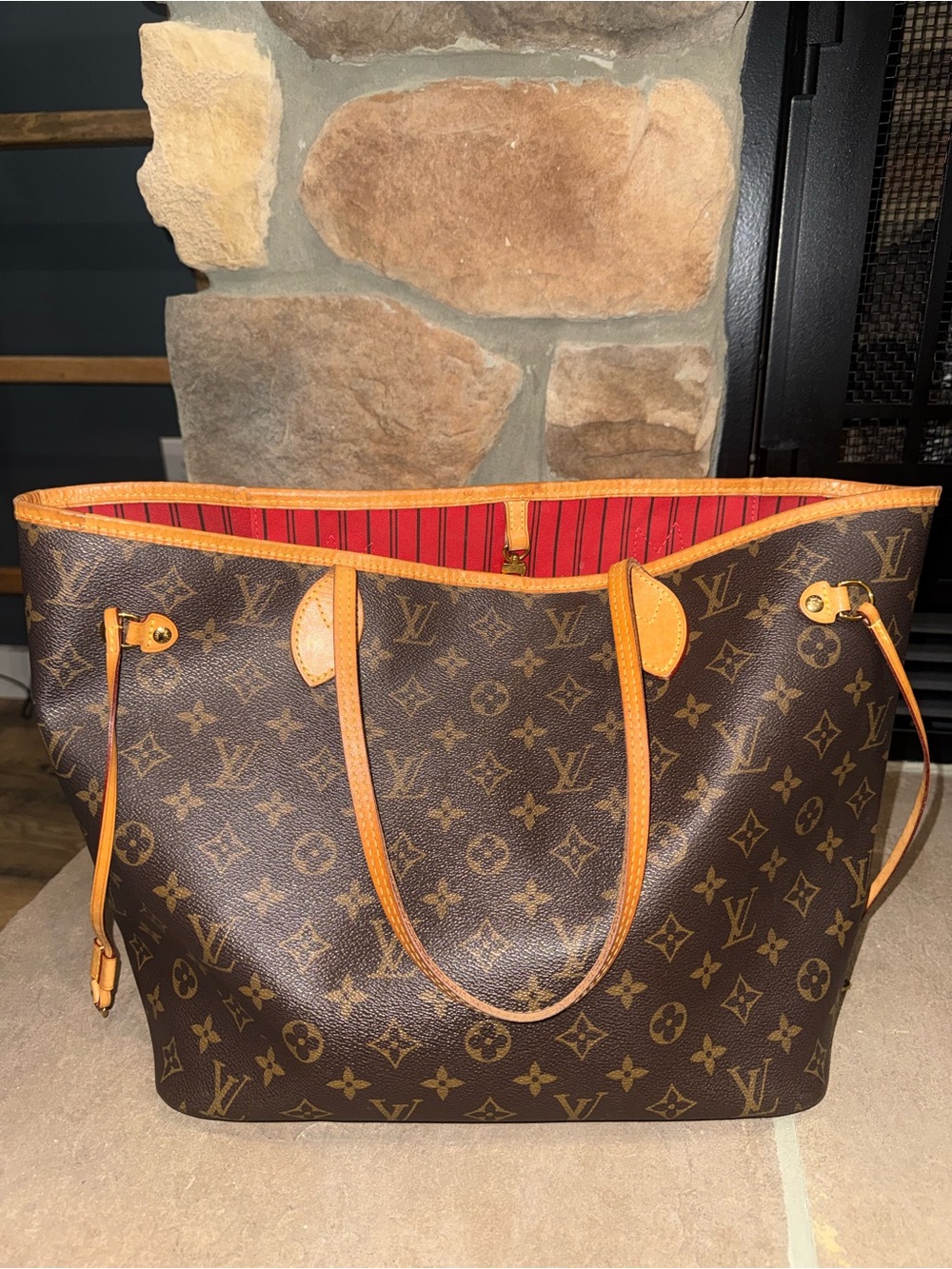 Louis Vuitton Brown Monogram Tote with Red Interior Trim